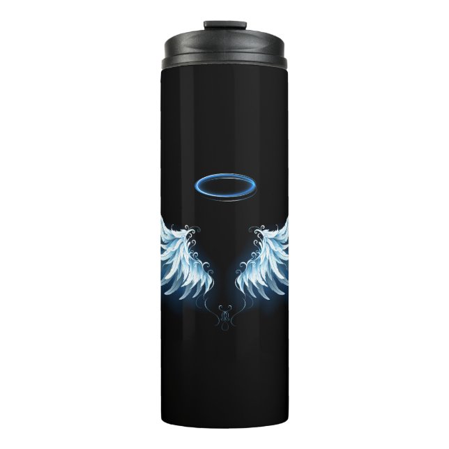 Blue Glowing Angel Wings on black background Thermal Tumbler (Front)