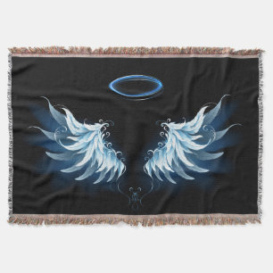 Blue Glowing Angel Wings on black background Throw Blanket