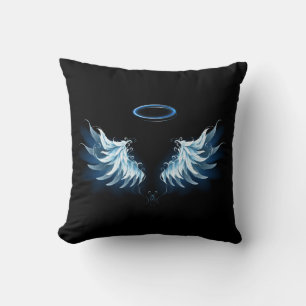 Blue Glowing Angel Wings on black background Throw Pillow