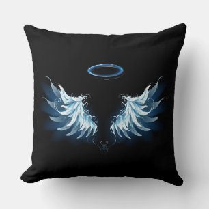 Blue Glowing Angel Wings on black background Throw Pillow