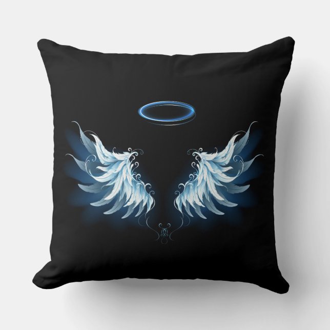 Blue Glowing Angel Wings on black background Throw Pillow (Front)