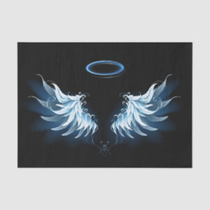 Blue Glowing Angel Wings on black background Tissue Paper