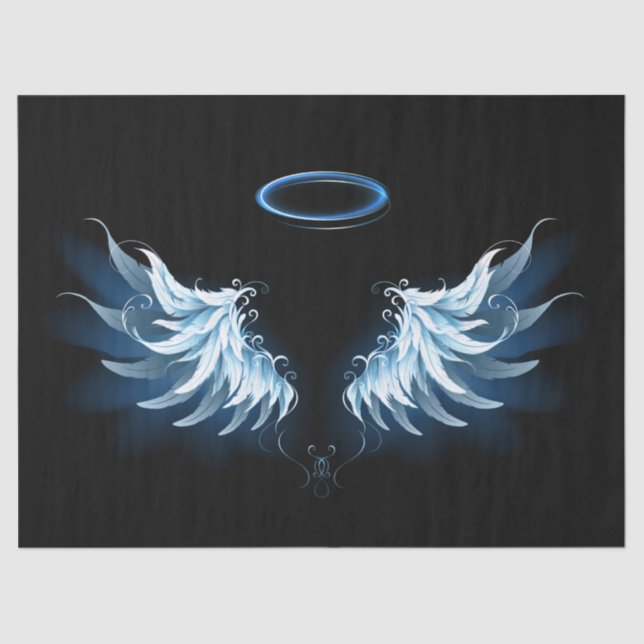 Blue Glowing Angel Wings on black background Tissue Paper (Front)