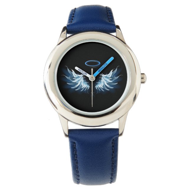 Blue Glowing Angel Wings on black background Watch (Front)