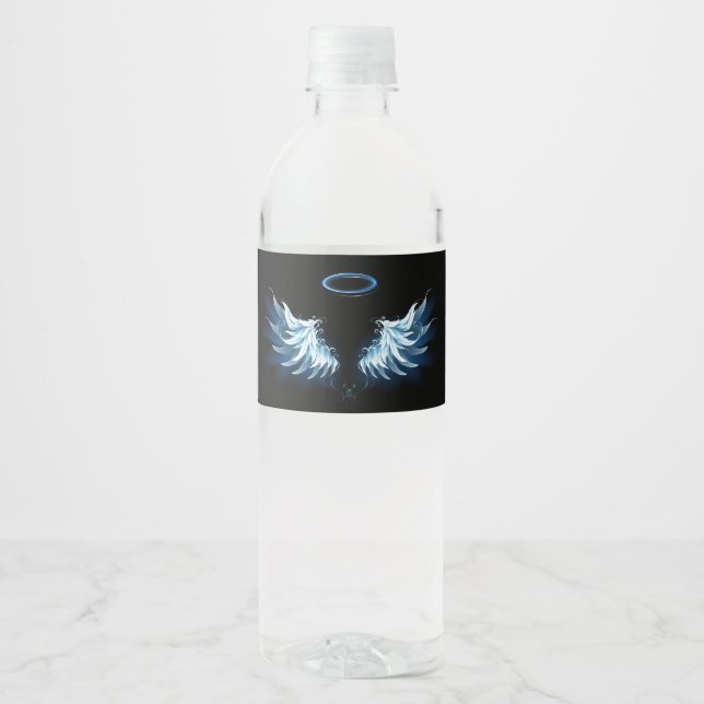 Blue Glowing Angel Wings on black background Water Bottle Label (Front)