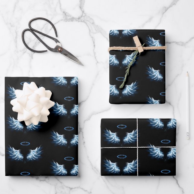 Blue Glowing Angel Wings on black background Wrapping Paper Sheet (Front)