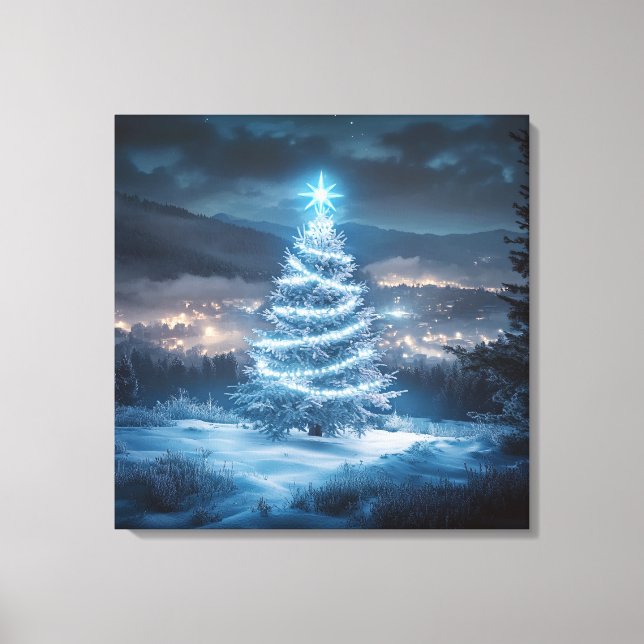 Blue Glowing Winter Night Christmas Tree Canvas Print (Front)