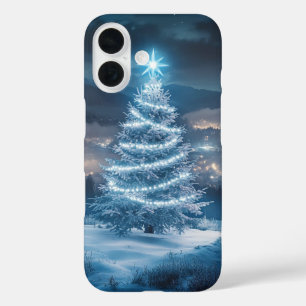 Blue Glowing Winter Night Christmas Tree iPhone 16 Case