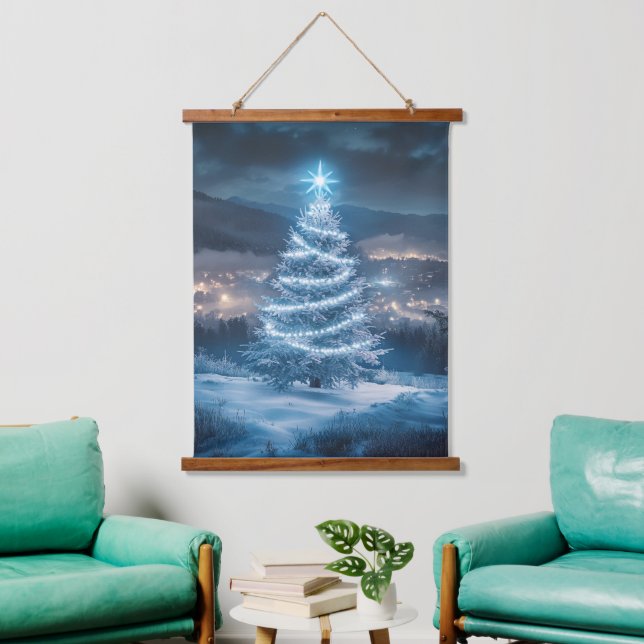 Blue Glowing Winter Night Christmas Tree Hanging Tapestry (Living Room)