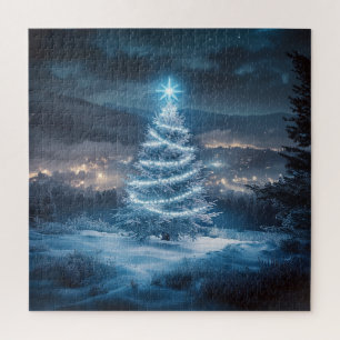 Blue Glowing Winter Night Christmas Tree Jigsaw Puzzle