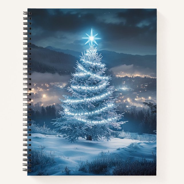 Blue Glowing Winter Night Christmas Tree Notebook (Front)