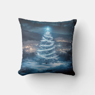 Blue Glowing Winter Night Christmas Tree Throw Pillow