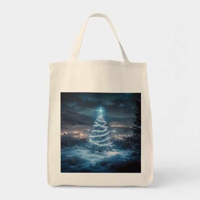 Blue Glowing Winter Night Christmas Tree Tote Bag (Front)