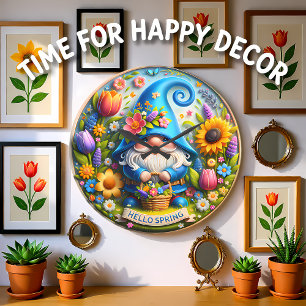 Blue Gnome Hello Spring Large Clock