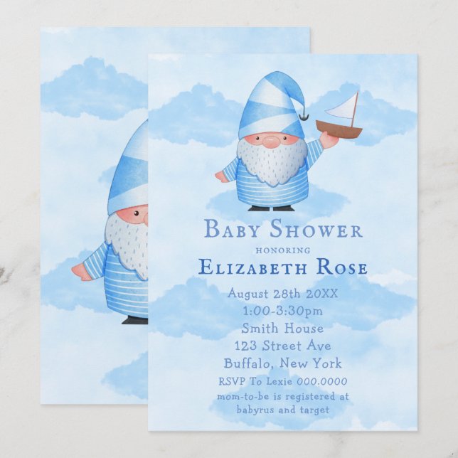 Blue Gnome Sailboat Cloud Baby Shower Invitations (Front/Back)