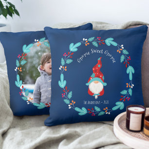 Blue Gnome Sweet Gnome Elf Photo Floral Wreath Throw Pillow