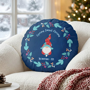 Blue Gnome Sweet Gnome Modern Elf Floral Wreath Round Pillow