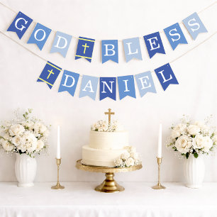 Blue God Bless 6 Letters Name Baptism Communion Bunting Flags