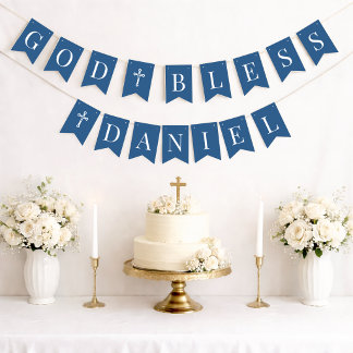 Blue God Bless Boy 6 Letter Name Baptism Communion Bunting Flags
