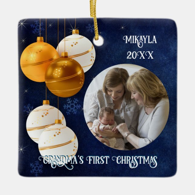 Blue, Golad & White Grandmas First Christmas  Ceramic Ornament (Front)