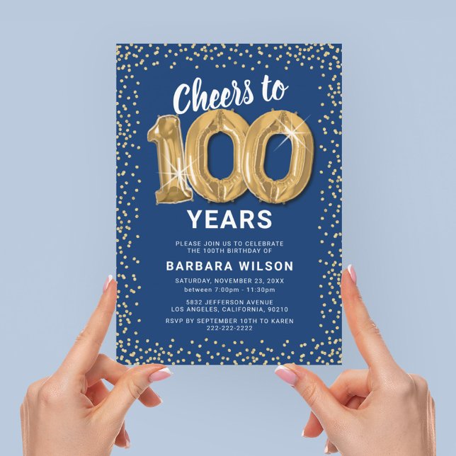 Blue Gold 100th Birthday Party Invitation (Creator Uploaded)