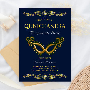 Blue Gold 15th Birthday Masquerade Quinceanera Invitation