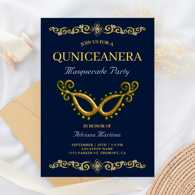 Blue Gold 15th Birthday Masquerade Quinceanera Invitation (Creator Uploaded)