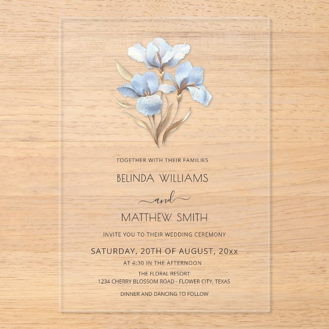 Blue Gold 3D Flowers  Acrylic Invitations (Front)