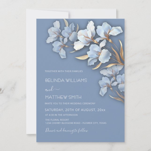 Blue Gold 3D Flowers  Invitation (Front)