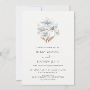 Blue Gold 3D Flowers Minimalist Invitation