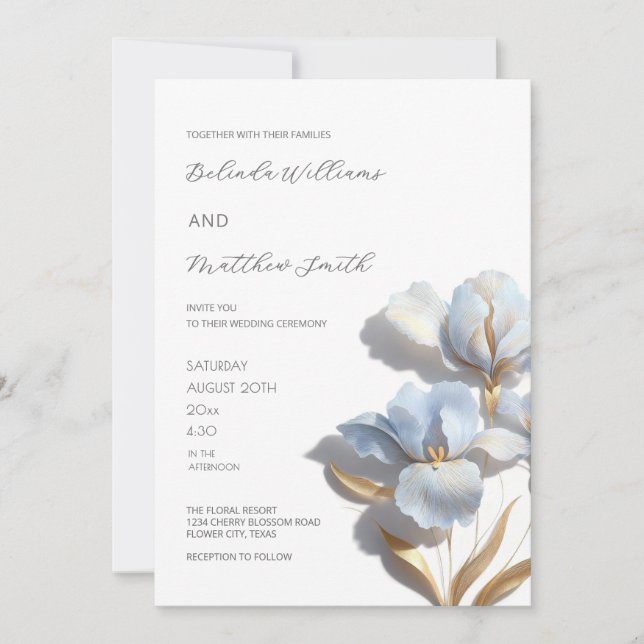 Blue Gold 3D Flowers White Invitation (Front)