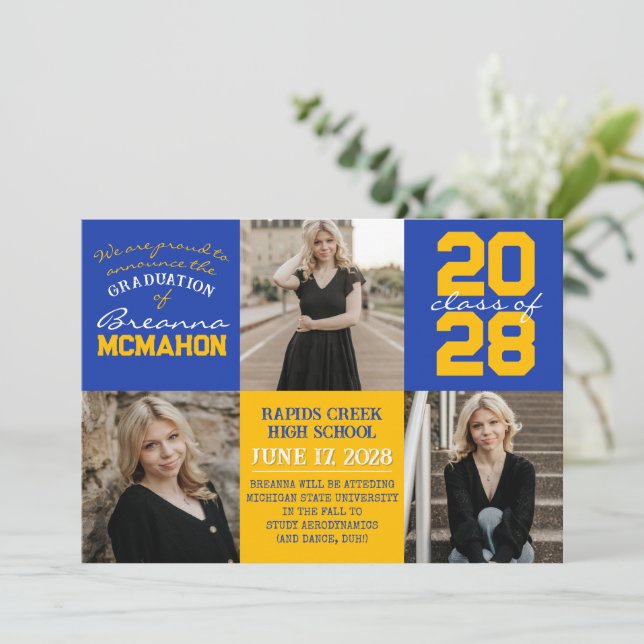 Blue & Gold 4 Photo Graduation Announcement (Standing Front)