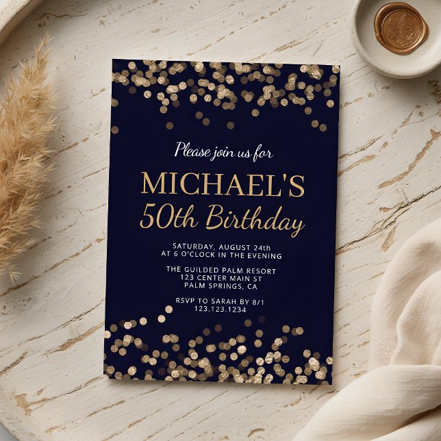Blue Gold 50th Birthday Invitation for Him (Creator Uploaded)