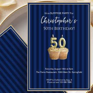 Blue Gold 50th Surprise Birthday Invitation