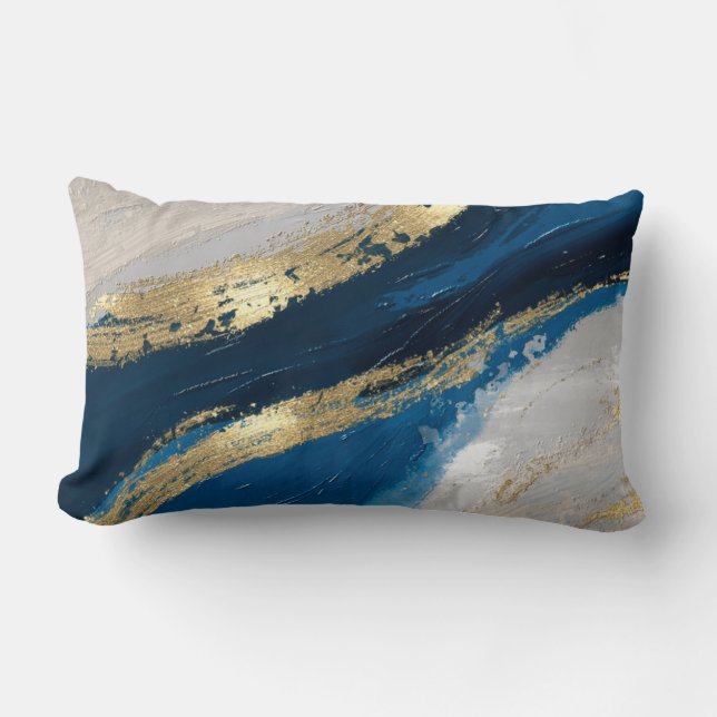 Blue Gold Abstract Brushstrokes Chic Modern Lumbar Pillow (Front)