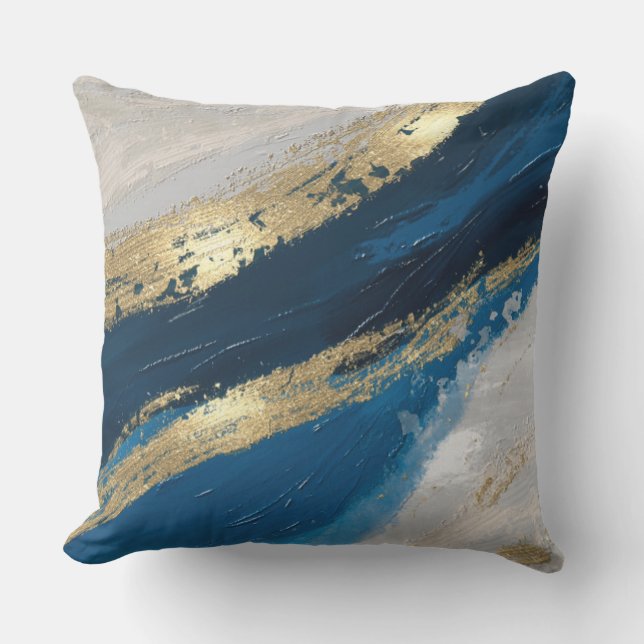 Blue Gold Abstract Brushstrokes Chic Modern Outdoor Pillow (Front)