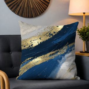 Blue Gold Abstract Brushstrokes Chic Modern Throw Pillow