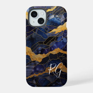 Blue Gold Abstract Marble Monogram Initials iPhone 15 Case