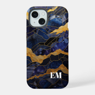 Blue Gold Abstract Marble Monogram Initials iPhone 15 Case