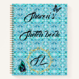 Blue Gold Abstract Monogram Butterfly Sketchbook  Notebook