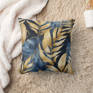 Blue Gold Abstract Watercolor Artful Botanic Art Throw Pillow