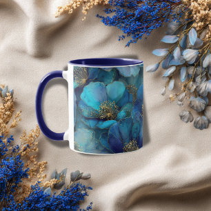 Blue Gold Abstract Watercolor Florals Mug