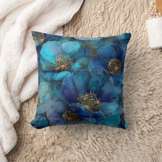 Blue Gold Abstract Watercolor Florals  Throw Pillow (Blanket)