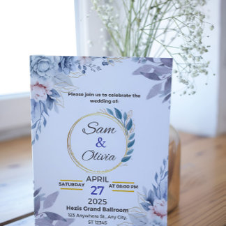 Blue Gold Aesthetic Watercolor Flower Wedding Invitation