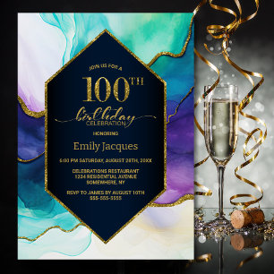 Blue Gold Agate 100th Birthday Party Invitation