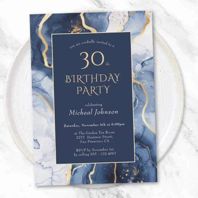 Blue Gold Agate 30th Birthday Invitation (Blue Gold Agate 30th Birthday Invitation)