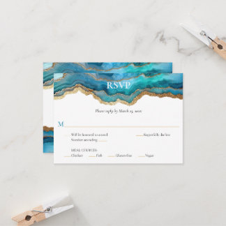 Blue Gold Agate Bat or Bar Mitzvah Reply RSVP Invitation