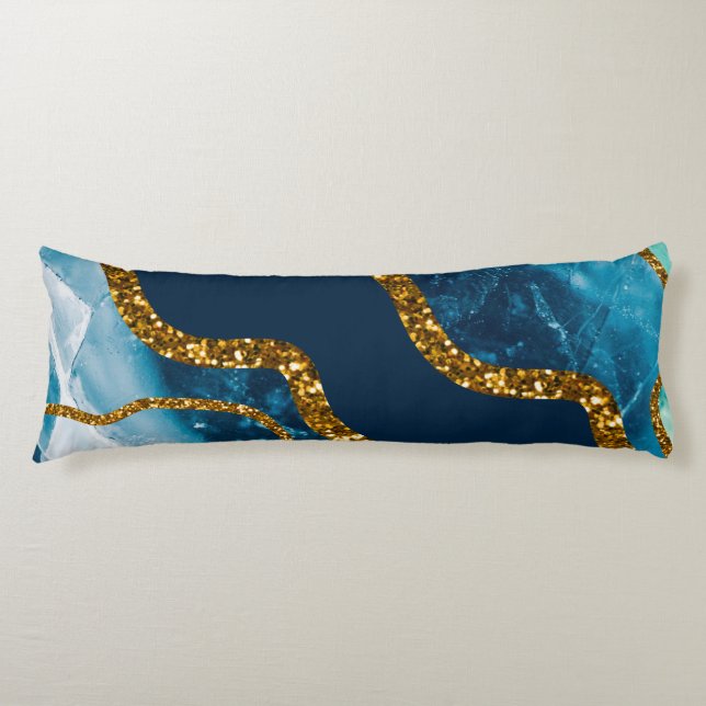 Blue & Gold Agate Geode Glitter Body Pillow (Front)