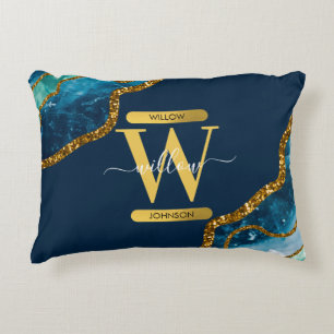 Blue & Gold Agate Geode Glitter Monogram Accent Pillow
