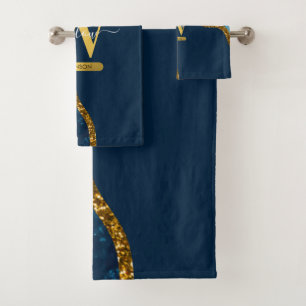 Blue & Gold Agate Geode Glitter Monogram  Bath Towel Set